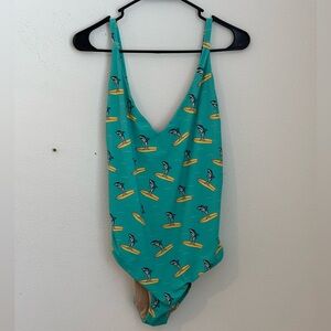 MeUndies Teal One Piece Bathing Suit with Surfboard Shark Print